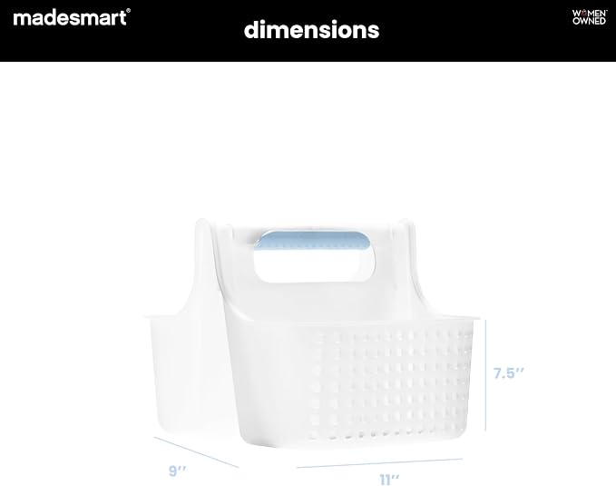 madesmart Shower Tote with Soft Grip Handle, Blue | silicone handle, ventilated sides, portable carry, shampoo soap razors, dorm bathroom, woman owned