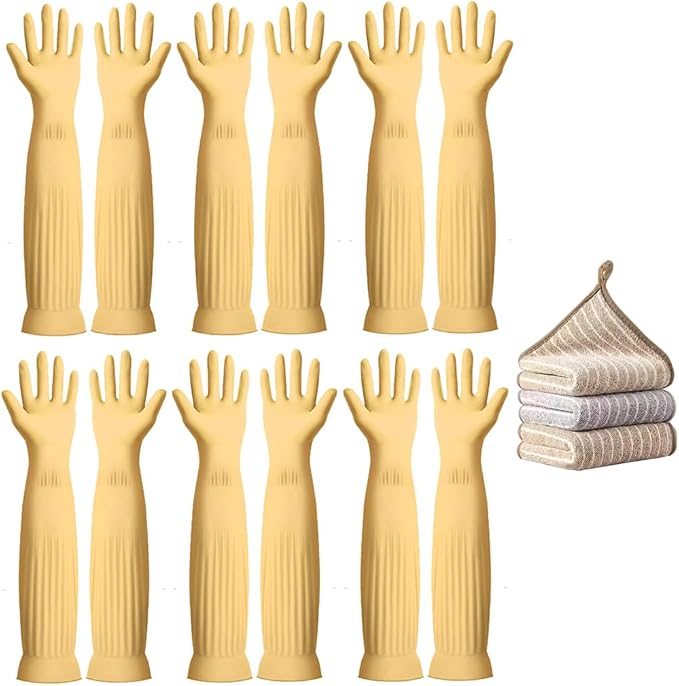 6-Pair 17.8-Inch Elbow-Length Reusable Rubber Waterproof Household Cleaning and Kitchen Dishwashing Gloves - Large Size