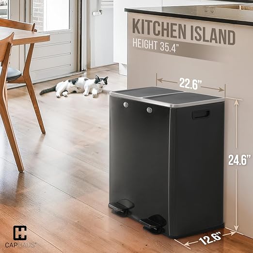 CAPHAUS Black Dual Trash Can w/Double Lid, Trash & Recycle Bins Combo, Hands-Free Stainless-Steel Garbage Can for Kitchen, with 2 Compartment, Hinged Lid, Odor Filters, Handles, 30L+30L, 2 x 8 Gal