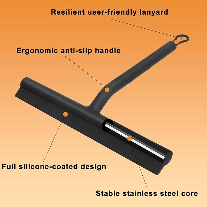 Squeegee for Shower Glass Doors, Resilient Loop - No-Drill & Adhesive Hook, Silicone Shower Squeegee with Stainless Steel Core, Cleaning Tool for Home, Kitchen, Bathroom & Car - Black
