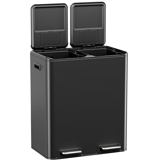 TLSUNNY 2 X 8 Gallon Double Compartments Kitchen Trash Can, Stainless Steel | Dual Trash and Recycling Bins with Odor Control, Soft-Close Lid, Removable Inner Bucket, Handle, Pedal, for Home, Black