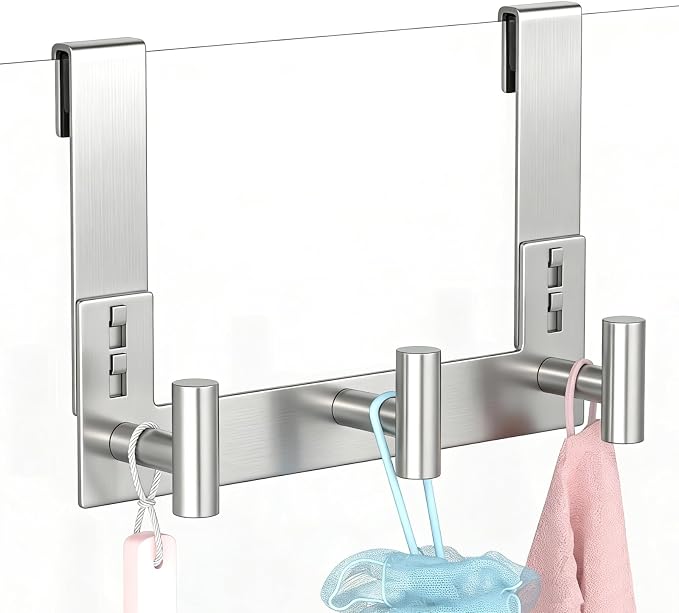 PMMASTO Long Shower Hanger for 3/8 Inch Glass, Silver- 3 Hooks, T Shape | Stainless Steel Hooks Organize Towels And Robes on Frameless Glass Shower Doors in Bathrooms