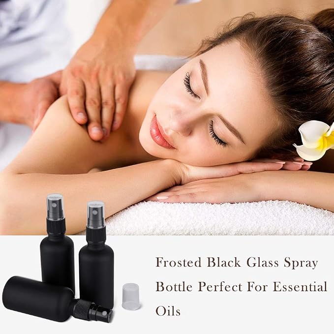 2oz Frosted Black Glass Spray Bottles for Essential Oils, Set of 3 | Small, Travel, Mini, Empty, Fine Mist, for Facial, Cosmetic, Perfume, Hair Care, Room, Refillable, Leakproof, UV protection