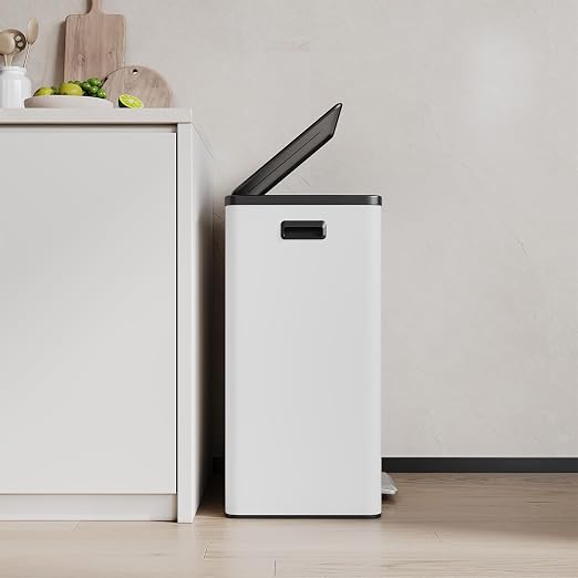 Jojoka Dual Trash Can for Kitchen Recycling and Trash, 16-Gallon Stainless Steel Double Garbage Bin with Lid and Foot Pedal, Soft Close, Removable Compartments for Waste Separation, Home Organization