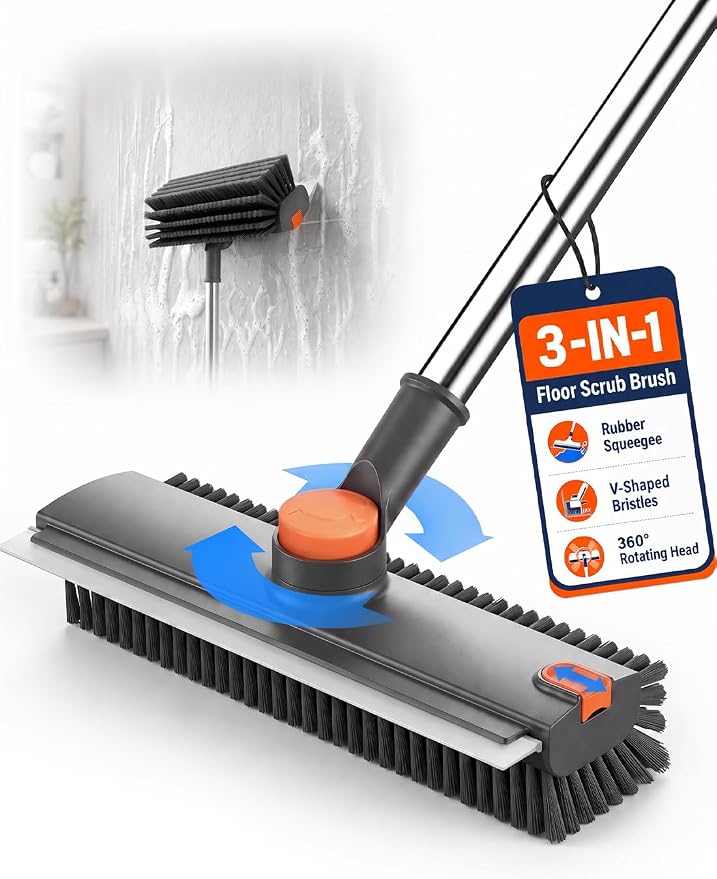 Floor Scrub Brush with Long Handle, 3-in-1 with Squeegee & Stiff Bristles | Heavy-Duty V-Shaped Bristles, 30–50 in Adjustable Handle, 360° Rotating Head & Built-In Hair Picker for Tile, Grout & Showers