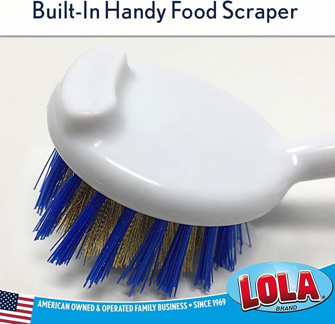 LOLA Pro Pot N' Pan Brush, Abrasive Cleaning, Poly & Brass Wire Bristles, Comfort Rubber Grip, Use for Caked-On & Baked-On Messes, 1 Count