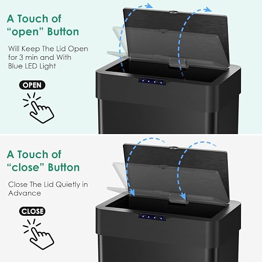 Arlopu Automatic Trash Can, Sensor Motion Stainless Steel Garbage Bin | Touchless Smart Waste Bin, W/Stay-Open, Soft Close Lid, Display Light for Kithchen, Living Room, Office (Black, 21.1gal)