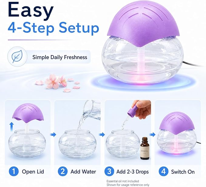 Air freshener (Purple) - for Home, Bedroom and Office - Essential Oil Aroma Diffuser with LED Coloured Night Light with Soothing Water Flow Sound - Water Filtered air Purifier for Pets and Smokers.