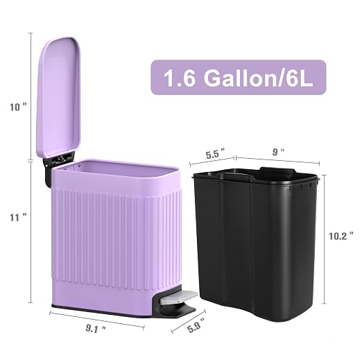 TrashAid 1.6Gal Slim Bathroom Trash Can with Lid Soft Close & Pedal, Purple | Removable Inner Bucket, Stainless Steel Garbage Can, Small Wastebasket for Toilet/Office/Bedroom, Retro Design, Odor Control