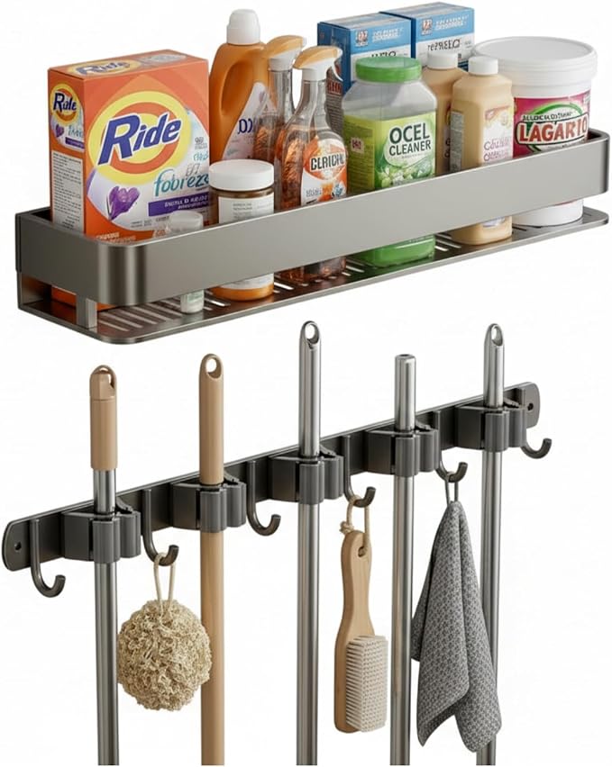 Broom Holder Wall Mount 24 Inch, Heavy-Duty Hooks & Sturdy Anti-Fall Large Capacity Shelf, Holds Brooms, Mops, Vacuums & Cleaning Supplies for Laundry Room, Garage and Closet