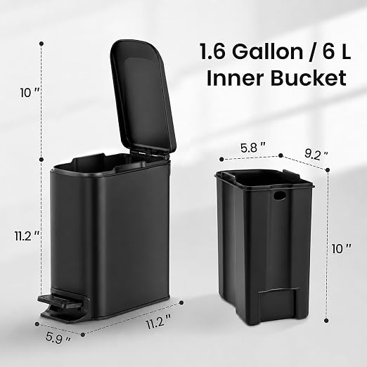 TIPGO Small Bathroom Trash Can with Lid, 1.6 Gal, Soft Close, Matte Black | Stainless Steel, 5.9'' Slim for Narrow Space, Foot Pedal, Soft Quiet Lid, Anti-fingerprint, Removable Inner Bucket, Odor Seal