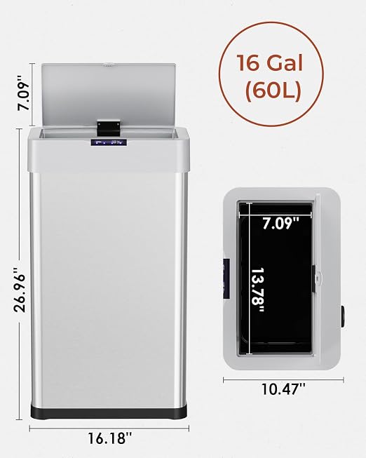 TLSUNNY 16 Gallon Motion Sensor Trash Can,Touchless Automatic Garbage Can | Brushed Stainless Steel Smart Bin, with Bag Holder,Soft Close Lid,for Kitchen,Office,RV,Bedroom,Living Room (Silver, 60L)