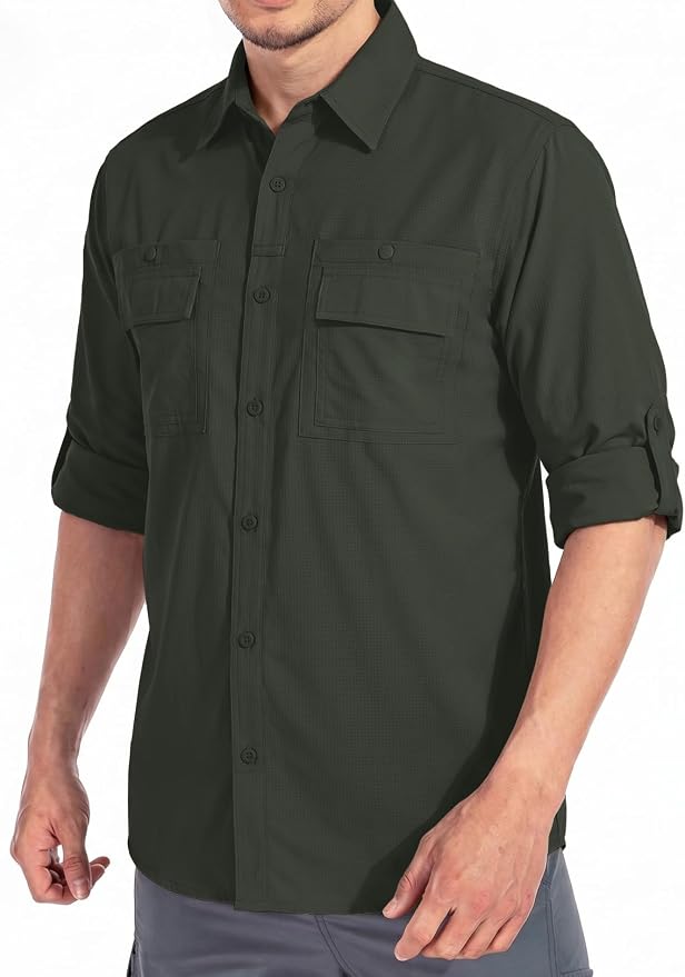 linlon Men's Safari Shirt UV Sun Protection Long Sleeve Hiking Travel | Button Down Mesh Back Vents UPF 50+ Quick Dry Breathable Cool Lightweight Outdoor Travel Fishing Gardening Clothes