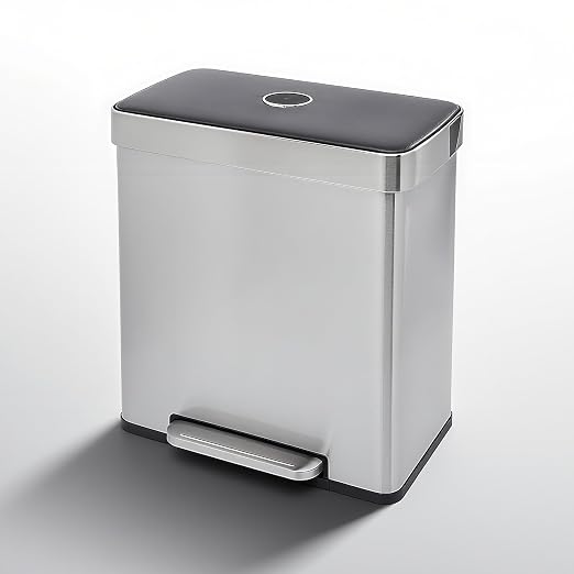 Kitchen Trash can Brushed Stainless Steel Dual Trash can 2 x 8 Gal Garbage Can Kitchen Step Trash Can with Soft-Close Lid Mute Designed Trash Bin for Office, Silver