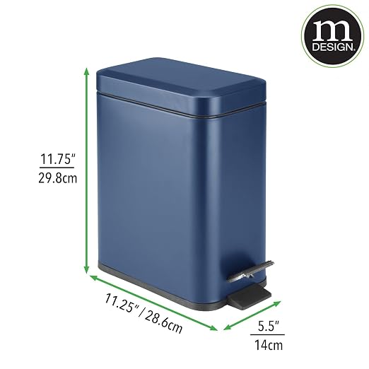 mDesign Small Modern 1.3 Gallon Rectangle Metal Lidded Step Trash Can, Compact Garbage Bin with Removable Liner Bucket and Handle for Bathroom, Kitchen, Craft Room, Office, Garage - Navy Blue