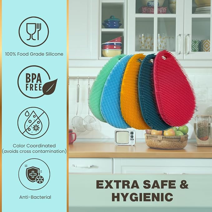 Silicone Sponge Dish Scrubber - Food Grade and Housecleaning - BPA Free Silicone Kitchen Scrubber [5 Pack Ovals Summer]