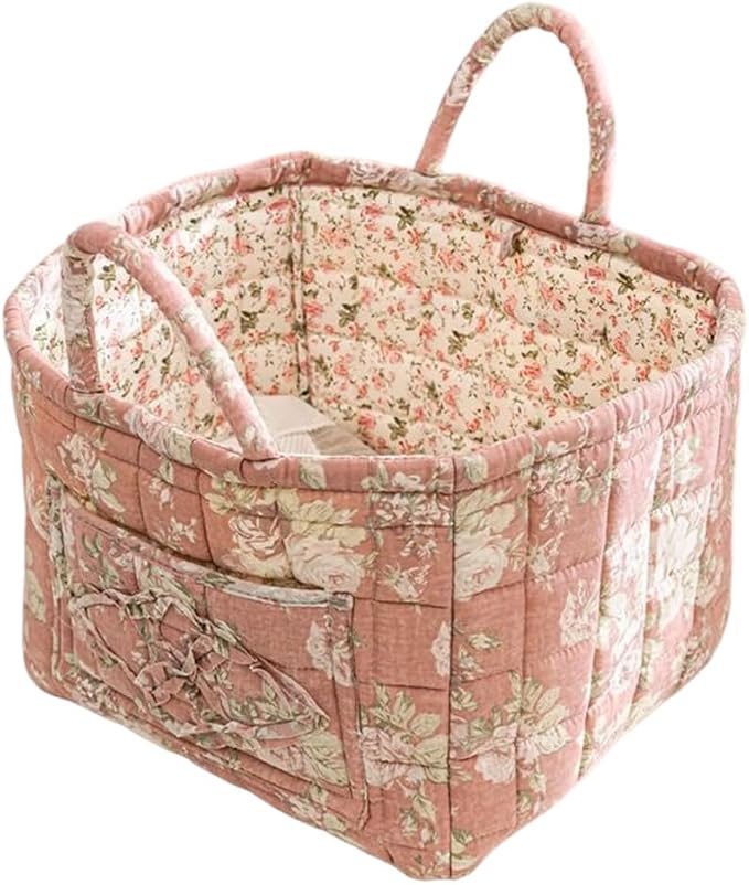 Foldable Laundry Boho Floral Quilted Storage Bin Basket with Handles for Clothes, Car Organizer, Collapsible Hamper ，9