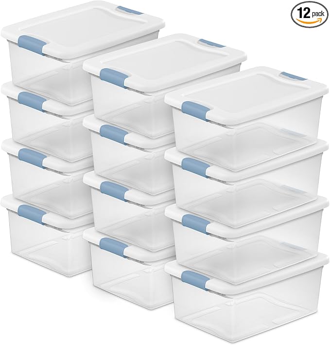 Sterilite Latching Box with Lids for Home and Office, 15 Quart, 12-Pack | Heavy-Duty and Stackable Plastic Containers with Latches for Closet, Cabinet, Bedroom, Bathroom and Dorm Room Organization