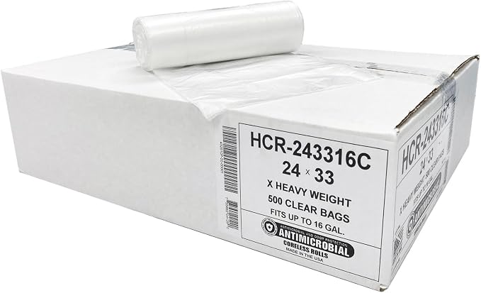 Aluf Plastics 12-16 Gal Clear Trash Bags, 16 Micron (EQ.), 24" x 33" 500 Pk