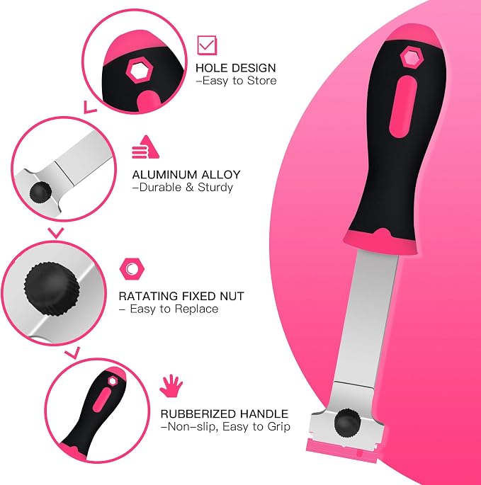 Razor Blade Scraper, 2 PCS Razor Scraper Tool for Removing Label, Registration Sticker, Tint, Grease from Windshield, Appliance, Glass（Pink）