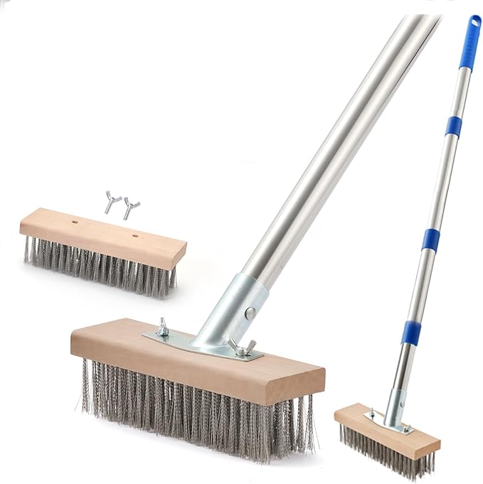 MAXMAN Wire Scrub Brush 2PCS, 63" Stainless Steel, Outdoor Patio Cleaning | 8" Brush Heads, Heavy Duty Large Wire Brush, Stiff Metal Bristle Floor Scrubber, Wire Broom for Deck, Concrete, Moss Removal