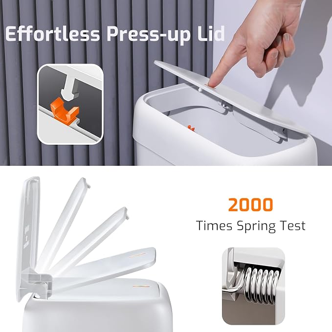Small Bathroom Trash Can with Lid, 3.2 Gallon Garbage Can with Pop-Up Lid | Press Top Lid, Dog Proof, Slim for Small Space, Premium Plastic, Easy to Use Waste Basket for Room, Office, Toilet, Rv, White