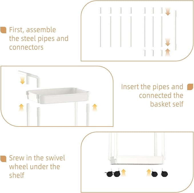 Volnamal Diaper Caddy, 3 Tier Rolling Cart for Baby Essentials, Off-White | Movable & Easy Assemble Cart for Newborn Nursery Essentials, Diaper Storage Organizer for Changing Table&Crib, Baby Registry