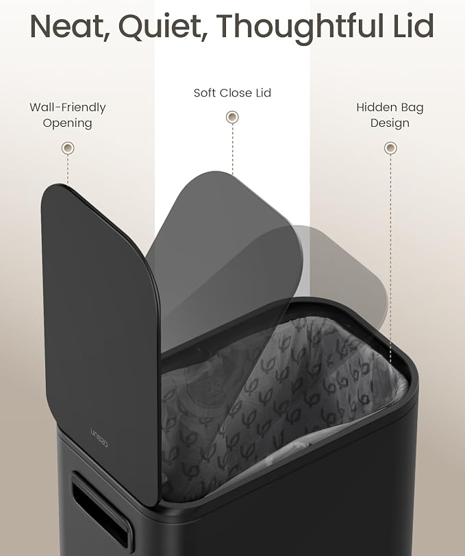 Cesun Small Black Bathroom Trash Can with Lid Soft Close & Pedal, 1.3 Gal | Removable Inner Bucket, Slim Stainless Steel Garbage Can for Bedroom/Office, Included 5 Trash Bags, Hidden Bag, Built to Last