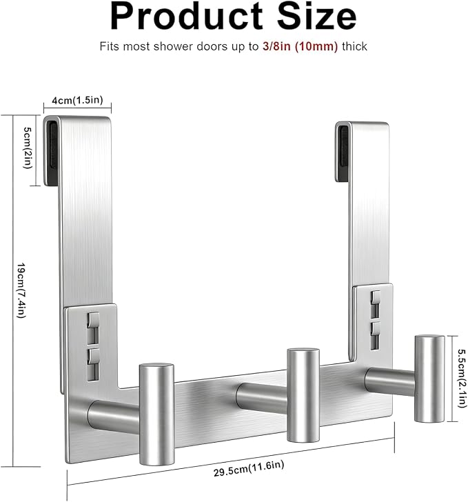 PMMASTO Long Shower Hanger for 3/8 Inch Glass, Silver- 3 Hooks, T Shape | Stainless Steel Hooks Organize Towels And Robes on Frameless Glass Shower Doors in Bathrooms