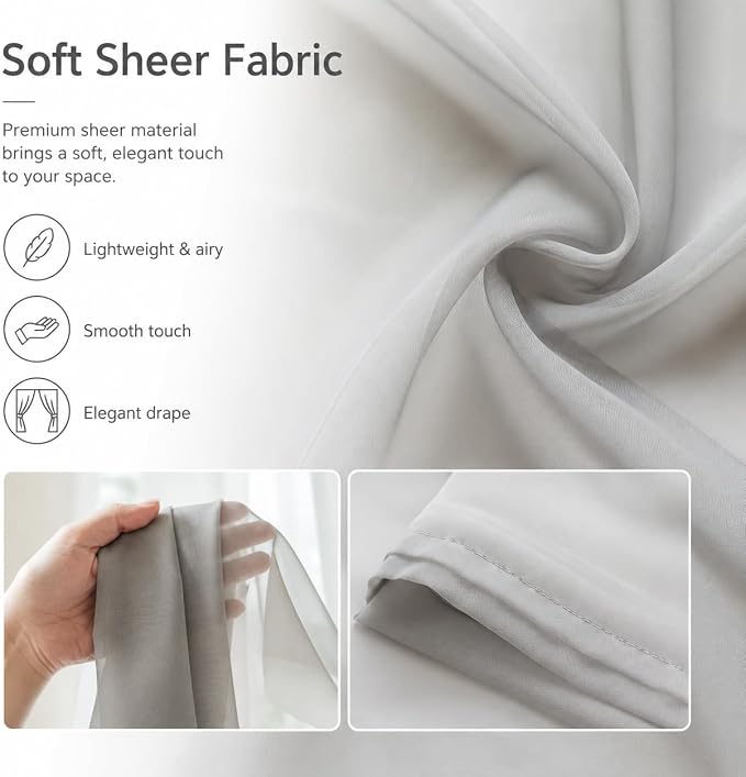 Aquazolax Grey Sheer Curtains for Door - 40 Inch Long Sidelight French Half Door Window Voile Curtain, Airy Porch Decoration Privacy Panels - Single Panel with Tieback, 25" Wide x 40" Length