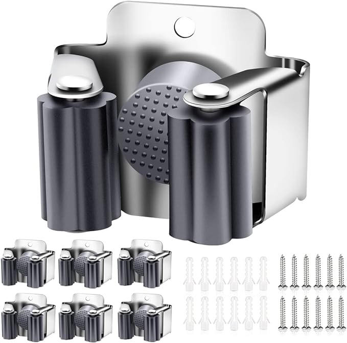 Verdenu 6 Pack Broom Holder Wall Mount, Mop and Broom Holder Wall Mount, Stainless Steel Command Broom Holder with Screws, Garden Tool Storage Organizer for Kitchen, Home, Bathroom, Garage, Grey