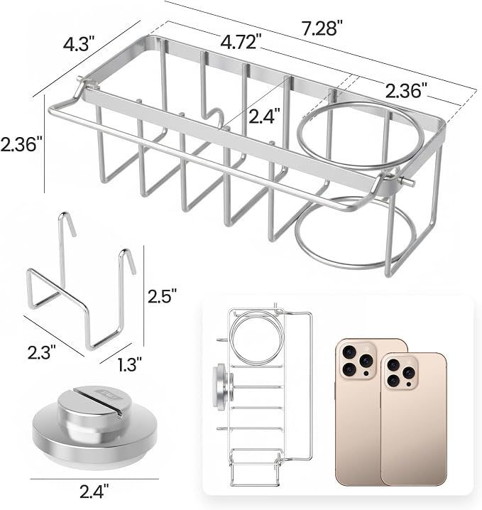TAILI 4-in-1 Sink Sponge Holder for Kitchen with Strong Suction Cup-Silver | Removable Sink Caddy with Suction Cup, Rustproof 304 Stainless Steel Multi-compartment Sink Organizer for Sponge, Brushes