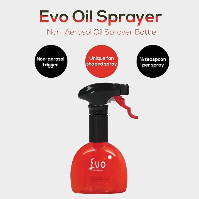 Evo Oil Sprayer Minis, Non-Aerosol for Olive, Cooking Oils, and Vinegars, Red, 8-Ounce Capacity, Set of 2 | 1.35ml per pull, scalloped grip, BPA- and latex-free construction