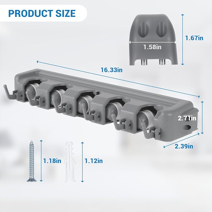 HOME MASTER HARDWARE (2 Pack 16 in Broom Mop Holder Garage Storage Organizer with 5 Racks 6 Hooks Adjustable Wall Mounted Storage Tool for Lanudry Garage Kitchen Garden