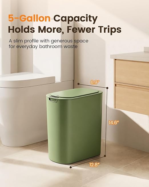 TIPGO 5 Gallon Automatic Bathroom Trash Can with Lid, Green, Touchless | Motion Sensor, Slim Smart Garbage Bin, Plastic Wastebasket, Battery Operated, Manual Button, for Bedroom, Office,RV