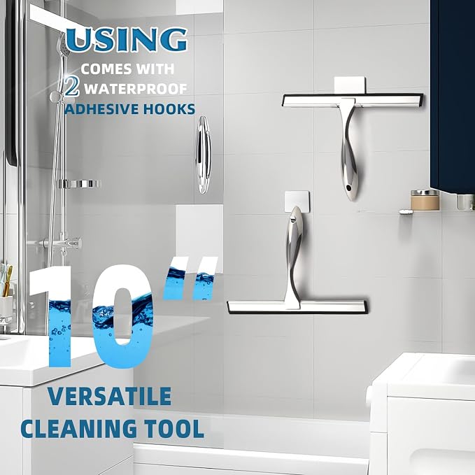 All-Purpose Shower Squeegee for Shower Doors, Bathroom, Window and Car Glass, Cleaning Tile Wall - Stainless Steel with 2 Adhesive Hooks, 10 Inches