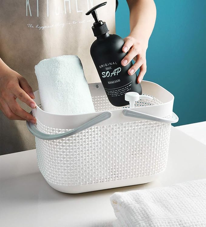 Plastic Portable Shower Caddy Basket, Storage Organizer, White, 2 Pack | Bottom Drain Holes, Keep Dry, Sturdy and Durable, Easy to Carry for Bathroom, Kitchen, Dorm Room, RV, College