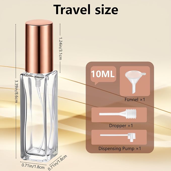 Perfume Travel Refillable, 6 Pcs 10 ml Glass Atomizers (Multi-Color) | Leak-resistant fine mist spray, mini perfume bottle set with filling tools, portable for travel, gym, office and daily use