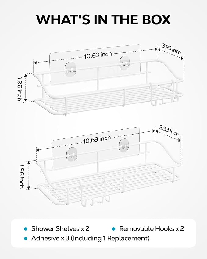 Nieifi Shower Caddy Adhesive, Shower Shelves, Shampoo Holder for Bathroom | Stainless steel, 2 pack, shower rack, shower organization, with hooks, rustproof, no drilling, razor holder, white