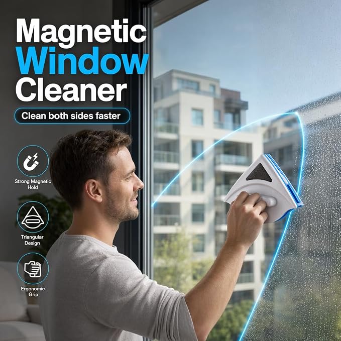 Double Sided Magnetic Window Cleaner, Magnetic Window Cleaner Tool for 3-8mm Glass, Triangle Glass Cleaning Wiper with Safety Rope, Magnetic Glass Cleaner for Home Windows (2pcs)