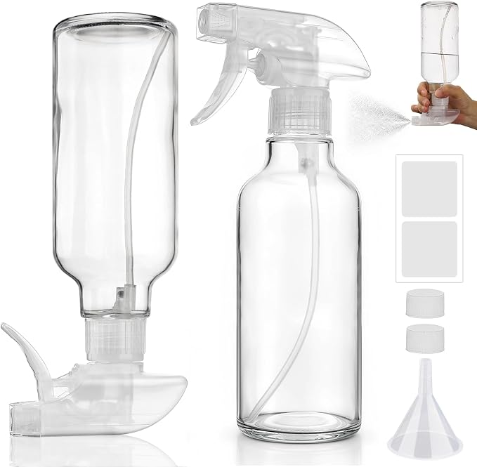 10oz Glass Spray Bottles 2 Pack, 360 Any-Angle Spraying | Refillable Spray Bottles with Adjustable Nozzle, Leakproof for Cleaning, Essential Oils, Plants, Hair Care