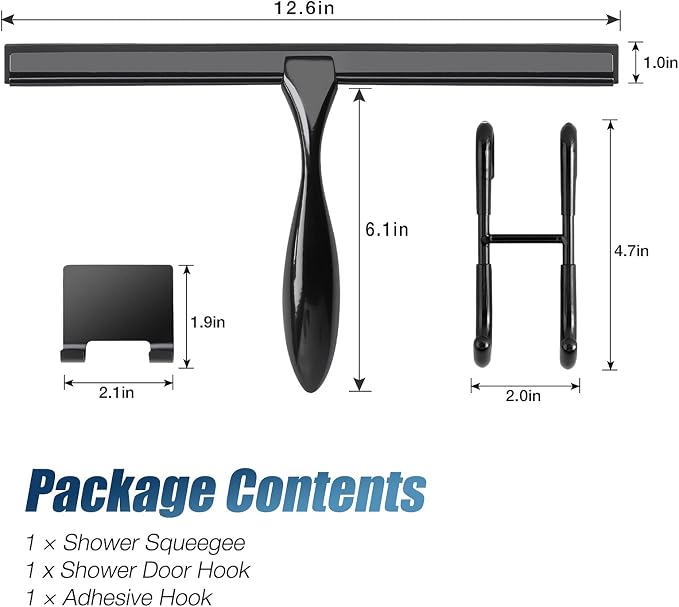 12-Inch Shower Squeegee Set, Includes Shower Door Hook and Adhesive Hook, Squeegee for Shower Doors, Mirror and Window, Black