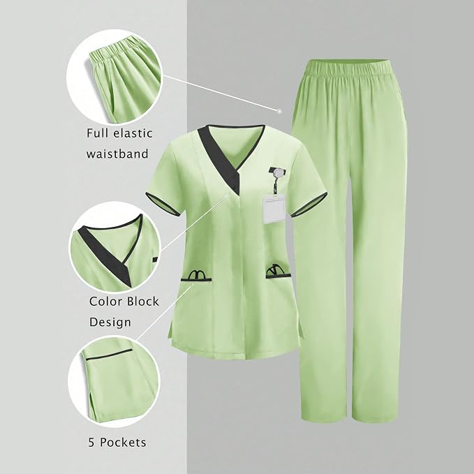 2026 Housekeeping Uniform Cleaning Uniforms - Button V Neck Top & Pants with Multi Pockets - Scrubs for Women
