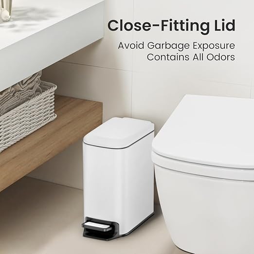 Cesun Small Bathroom Trash Can with Lid, 1.6 Gal, Soft Close, White | Step pedal soft close, Slim 5.9in fits narrow spaces, Stainless steel, Anti-fingerprint, Removable inner bucket, Odor seal