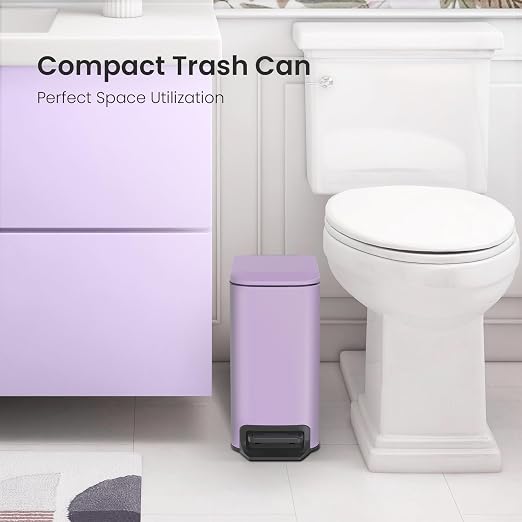 Cesun Small Bathroom Trash Can with Lid, 1.6 Gal, Soft Close, Purple | Step pedal soft close, Slim 5.9in fits narrow spaces, Stainless steel, Anti-fingerprint, Removable inner bucket, Odor seal