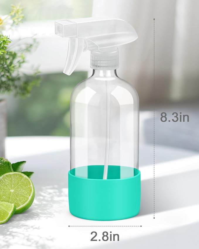 Glass Spray Bottles for Cleaning - 16 oz Spray Bottles with Silicone Sleeve | Adjustable Nozzle, Refillable, Mist&Steam, Leak-proof, Anti-slip, Spray Bottles for Hair, Cleaning Solutions, Plants, Green
