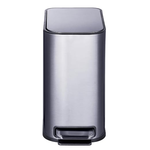 RED FACTOR Slim 1.3 Gallon Stainless Steel Pedal Trash Can with Soft Close Lid for Narrow Spaces – Small Wastebasket Bin with Removable Inner Bucket (Metallic Grey)