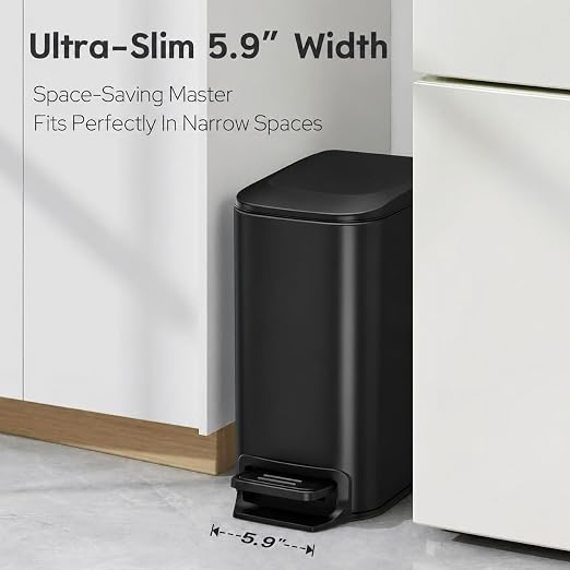 TIPGO Small Bathroom Trash Can with Lid, 1.6 Gal, Soft Close, Matte Black | Stainless Steel, 5.9'' Slim for Narrow Space, Foot Pedal, Soft Quiet Lid, Anti-fingerprint, Removable Inner Bucket, Odor Seal