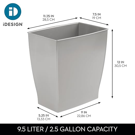 iDesign Small Plastic Bathroom Trash Can, Gray | Slim Rectangle, For Bedroom, Office, Dorm