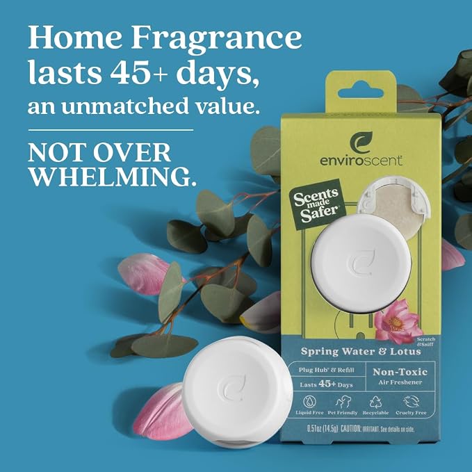 Enviroscent Non-Toxic* Air Freshener Plug-In Plug Hub® Kit for Home, 1 Pack | Non-Toxic* Air Freshener w/ Spring Water & Lotus Scent | Fits Standard Outlets for Daily Use | Pet-Friendly w/ Paper Refill